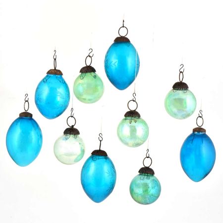 Set Of 10 Glass Christmas Ornament Different Shades of Blue In Assorted  Shapes