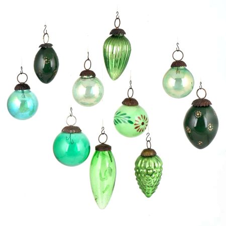 Set of 10 Green Glass Christmas Ornaments In Different Hues