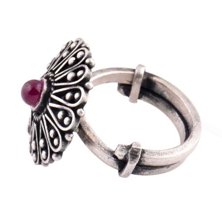 Oxidized 92.5 Sterling Silver Ring  Adjustable Studded With Amethyst Stone (Free Size)