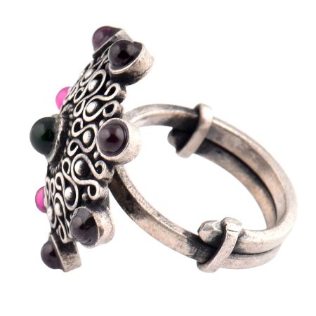 Oxidized 92.5 Sterling Silver Ring Adjustable With Onyx in centre and Amethyst Stone In Border (Free Size)