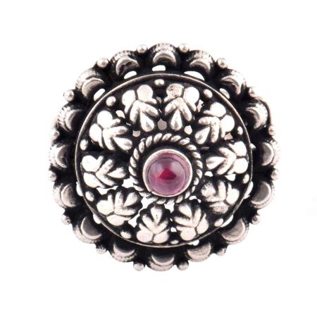 Adjustable Oxidized 92.5 Sterling Silver Ring Leaves flowers And Amethyst Stone (Free Size)