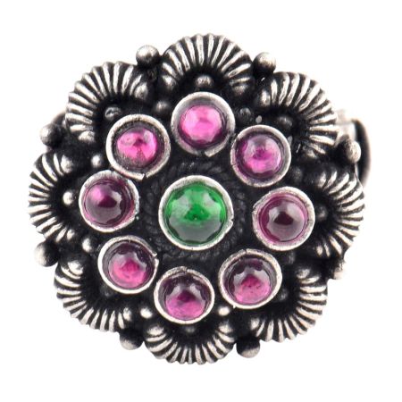Adjustable Oxidized 92.5 Sterling Silver Ring Petals Round Amethyst And Onyx Stones (Free Size)