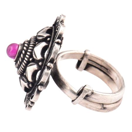 Oxidized 92.5 Sterling Silver Ring Adjustable Round Floral Amethyst Ring (Free Size)