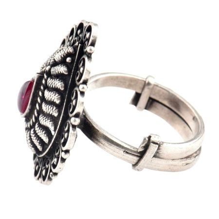 Oxidized 92.5 Sterling Silver Ring Adjustable Pear shaped Amethyst stone Designer Ring (Free Size)