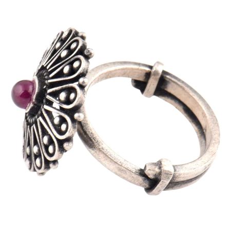 Oxidized 92.5 Sterling Silver Ring Adjustable Parsley Amethyst Stone Studded Fashion Ring (Free Size)