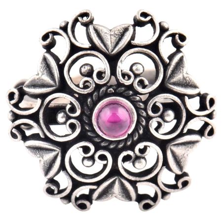 Oxidized 92.5 Sterling Silver Ring Round Amethyst and Heart Scroll Design (Free Size)