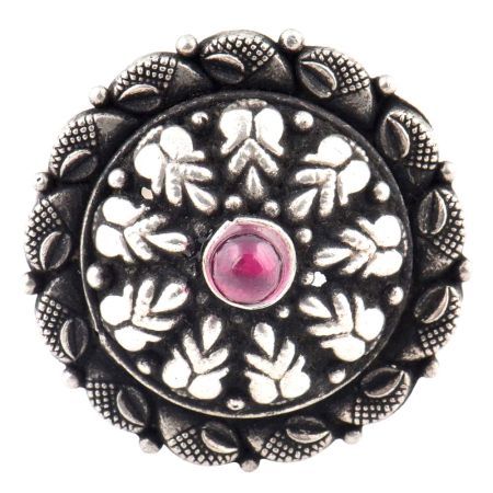 92.5 Sterling Silver Ring Oxidized  Amethyst And Leaf Pattern Adjustable Embossed Ring (Free Size)