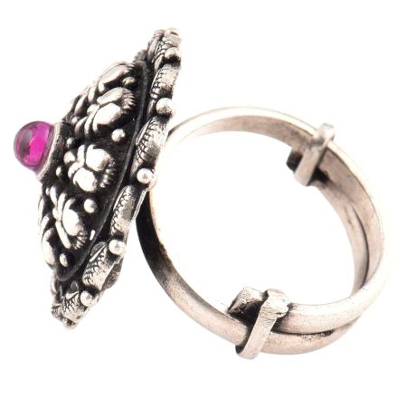92.5 Sterling Silver Ring Oxidized  Amethyst And Leaf Pattern Adjustable Embossed Ring (Free Size)