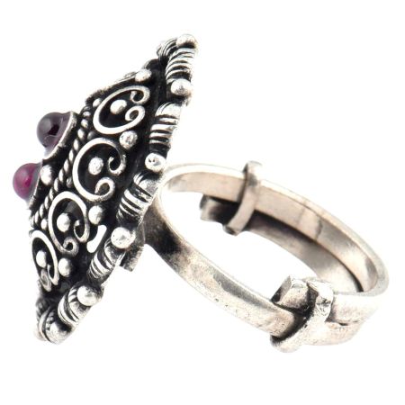 Oval 92.5 Sterling Silver Ring Embossed Motifs Design Dual Amethyst Stone (Free Size)