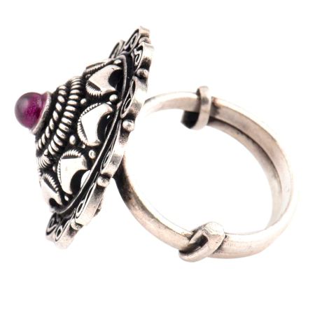 Oxidized 92.5 Sterling Silver Ring With Scroll Design Petals And Amethyst Stone (Free Size)