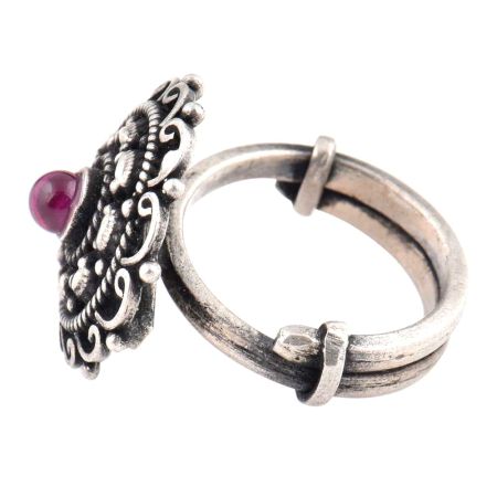 92.5 Sterling Silver Ring Oxidized Adjustable Amethyst Studded Engraved Design Designer Ring (Free Size)