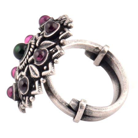 Stoned Floral 92.5 Sterling Silver Ring Adjustable Amethyst and Onyx Stones (Free Size)