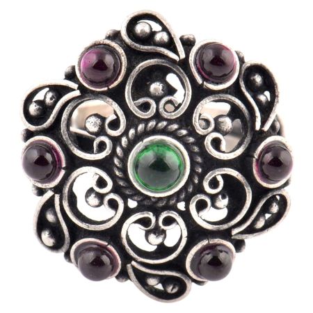 92.5 Sterling Silver Ring Traditional Stoned Delight Party Wear Ring (Free Size)