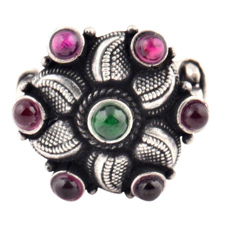 92.5 Sterling Silver Ring Amethyst and Green Onyx Fashion Accessory Ring (Free Size)