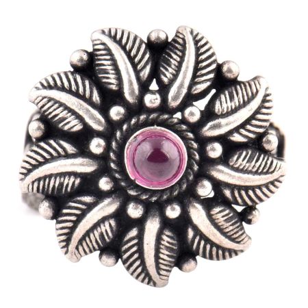 Thick Leaves 92.5 Sterling Silver  Ring Single Amethyst Floral Design Ring (Free Size)