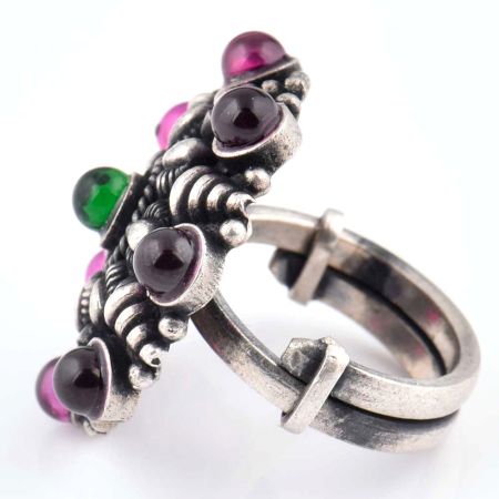 Embossed motifs 92.5 Sterling Silver Ring Round Amethyst stones Party Wear (Free Size)