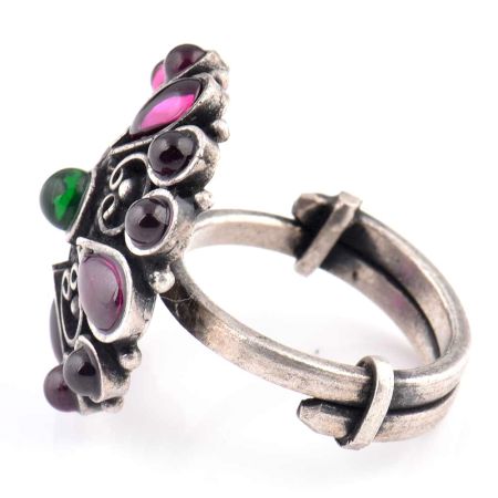 Amethyst Studded 92.5 Sterling Silver Ring With Intricate Design (Free Size)
