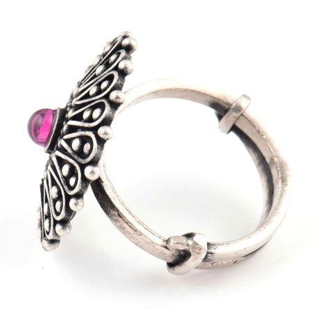 Oxidized 95.5 Sterling Silver Ring Floral Design  Statement Jewelry (Free Size)