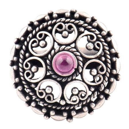 Indian 92.5 Sterling Silver Ring  Filigree Design Round Amethyst Ring For Women (Free Size)