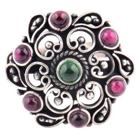 92.5 Sterling Silver Ring Filigree pattern And Round Amethyst Stone (Free Size)