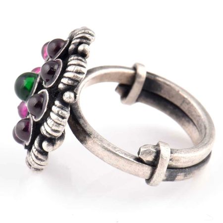 92.5 Sterling Silver Ring Round Amethyst stones and Onyx Studded Statement Ring (Free Size)