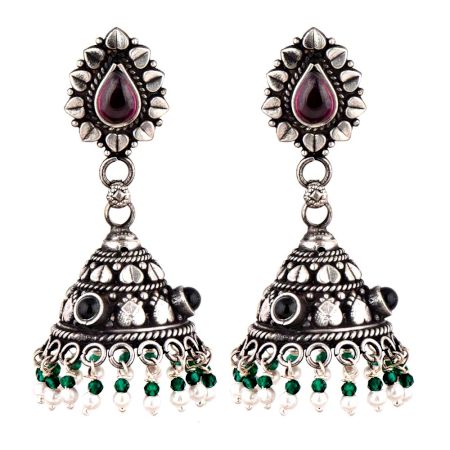 Amethyst Studded 92.5 Sterling Silver jhumki Earrings  With Onyx Stone And Green Onyx Beads