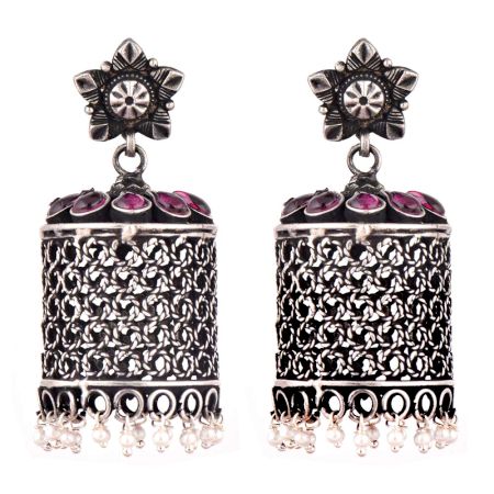 Long 92.5 Sterling Silver Jhumki Earrings With Floral Stud And Amethyst Stones