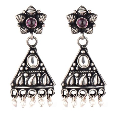 Triangular 92.5 Sterling Silver Dangler Earrings green Onyx beads And Floral Amethyst Stud