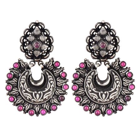 92.5 Sterling Silver Chandbali Earrings Big Floral Stud And Leaves and Amethyst Stoned Hanging