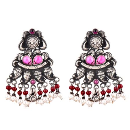 Intricate 92.5 Sterling Silver Earrings Pink Jade Garnet And Pearls