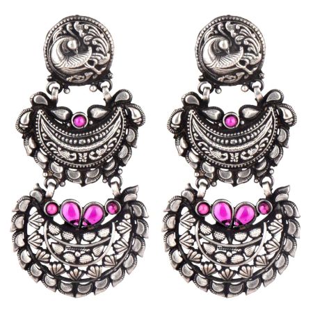 92.5 Sterling silver Earrings Two layered Dangler With Peacock Stud Pink Sapphire