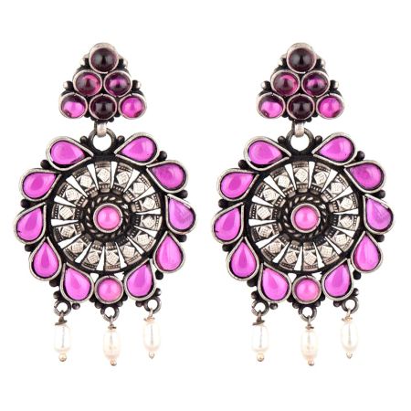 92.5 Sterling Silver Dangler Earrings Floral Design Pink Sapphire and Pearl Beads Studded jewelry