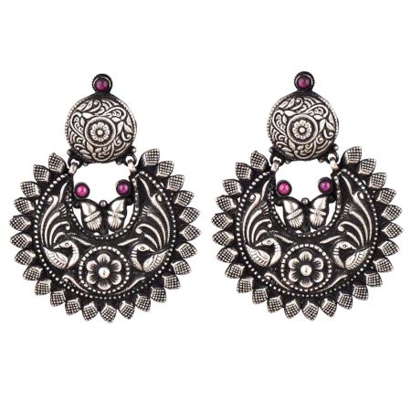 Oxidized 92.5 Sterling silver Earrings Chandbali Peacock Big Floral Formal Wear For Women