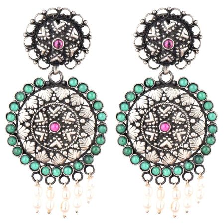 Two Discs 92.5 Sterling Silver Earrings With Round Turquoise Stone And Pearl Beads