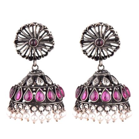 Big Floral Stud 92.5 Sterling Silver jhumkis Amethyst Stone Pearl Hangings