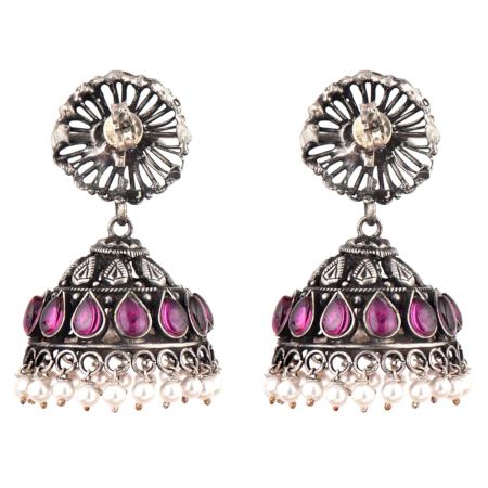 Big Floral Stud 92.5 Sterling Silver jhumkis Amethyst Stone Pearl Hangings
