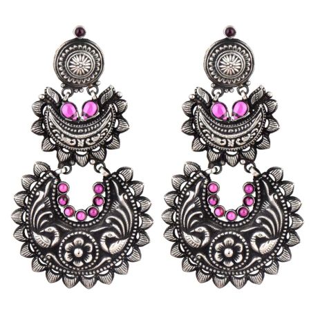 92.5 Sterling Silver Earrings Three layered Peacock Pink Onyx  Traditional  Design Danglers