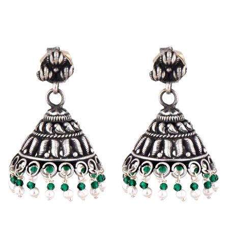 Tribal Style 92.5 Sterling Silver Earrings  Motifs With Green Aventurine And Pearl Tassels