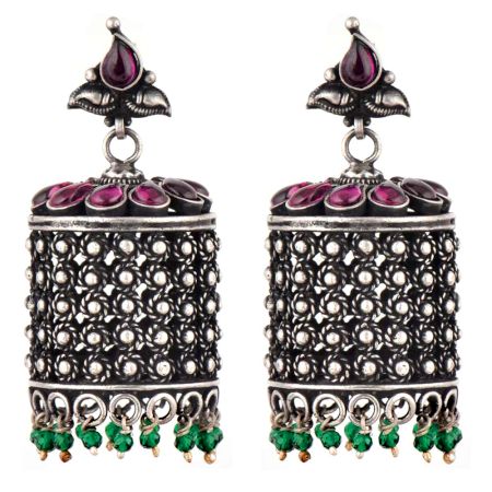 Long 92.5 Sterling Silver Earrings Dome Shape Engraved Oxidized Jhumkis Amethyst stone Green Aventurine Beads
