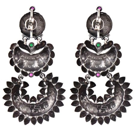 Three Layered 92.5 Sterling silver Earrings Engraved Design With Green Peridot and Pink Fuchsia Jade Stone