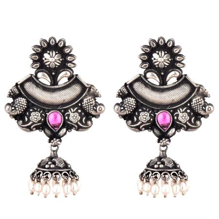 Tribal Handmade 92.5 Sterling silver Earrings Oxidized Danglers with Pink Howelite And Pearl Beads