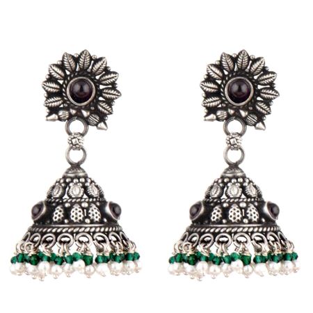 Intricate Floral 92.5 Sterling Silver Earrings Stud With Embossed Design Jhumki With Black Onyx Green Onyx and pearl Tassels