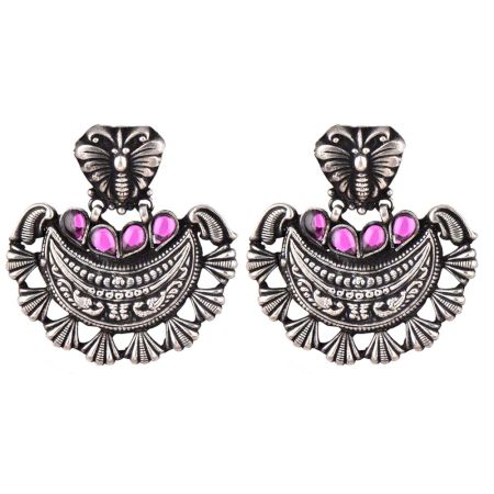 Butterfly Stud 92.5 Sterling Silver Earrings Chanbali Decorated With Pink Fuchsia Beads