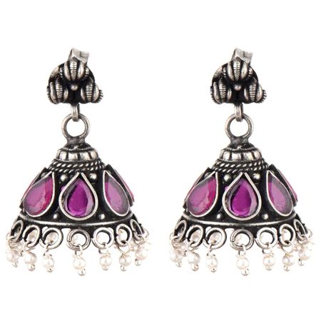 Handmade 92.5 Steling Siver Earrings Ametyst Stone Jhumki With Pearl Beads