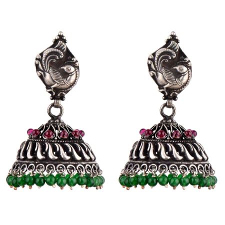 92.5 Stering Silver Earrings Tribal Stud Amethyst And Green Onyx Stone Jhumki