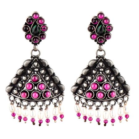 92.5 Sterling Silvre Earrings Triangle Shaped Pink Tourmaline Pearl Beads Hangings