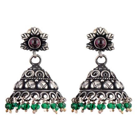 Floral 92.5 Sterling silver earrings Embossed Design Green onyx Beads Jhumki
