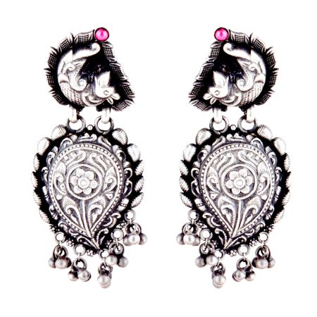 92.5 Sterling silver Earrings Fish Stud Floral Design Danglers with Ghungaroos