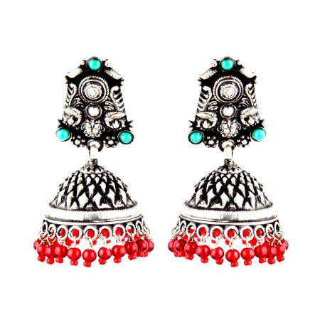 Tribal Design 95.5 Sterling Silver Earrings With Turquoise And Coral Stone Tassels