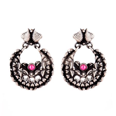 92.5 Sterling Silver Earrings With Heart Motifs And Round Pink Jade Chandbali Earrings For Women